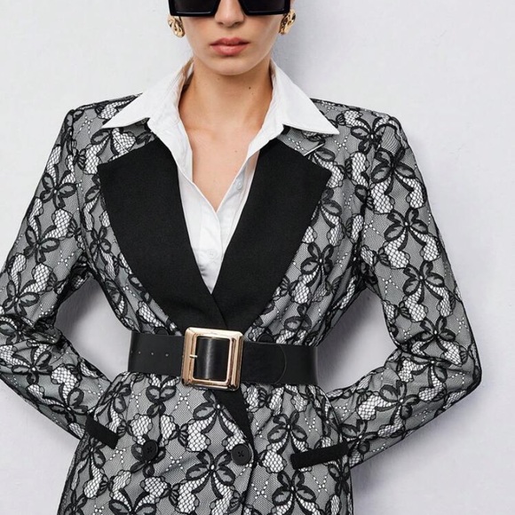 NWT New Contrast Collar Lace Blazer Dress Black White Long Sleeve Butterfly - Picture 7 of 16